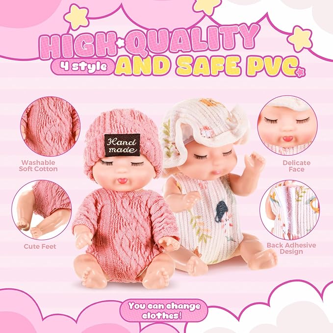 Hanaive 4 Pcs 4 Inch Mini Baby Dolls Lifelike Realistic Baby Dolls Animal Clothes Cute Tiny Gifts for Kids Birthday Party(Homey Style)