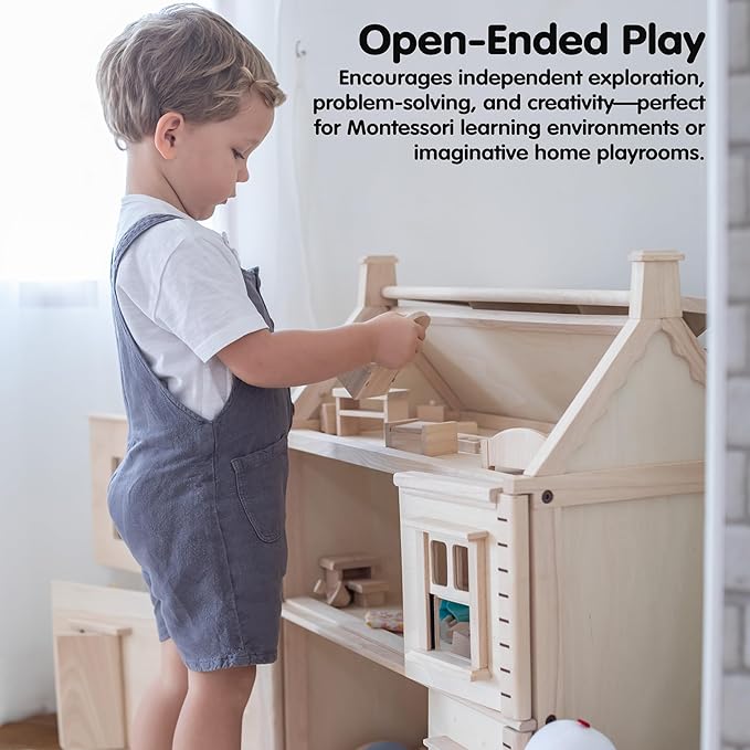 PlanToys® Victorian Wooden Dollhouse | 3-Story Large Doll House with Attic, Opening Panels & Sliding Windows | Pretend Play Dollhouse Compatible with 1:12 Scale Furniture & Wooden Dolls