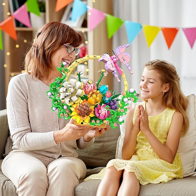 SIENON Flower Bouquet Building Set, Artificial Flowers Bonsai Basket Building Toy, Unique Home Wall Decor-Flowers Botanical Collection Building Kit Gift for Christmas Valentines Mother’s Day (641pcs)