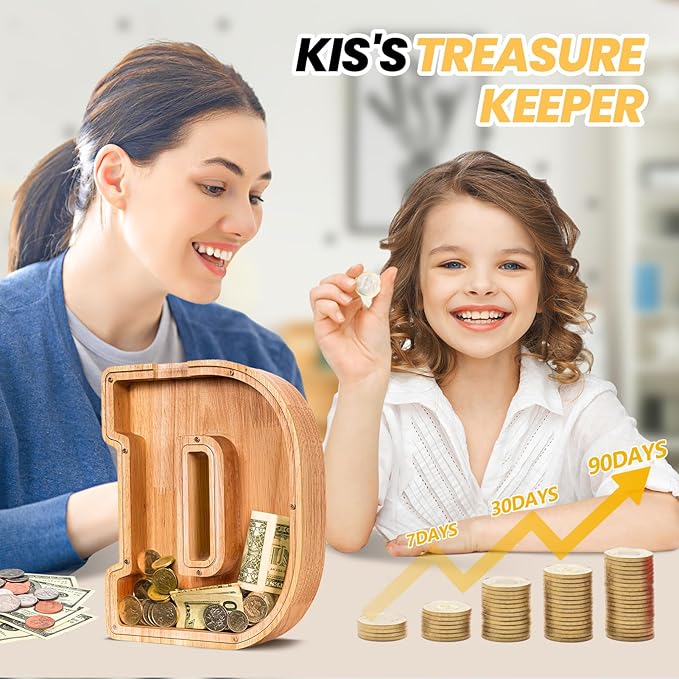 KMC Wooden Letter Piggy Bank, Personalized Initial Piggy Bank for Kids Boys, Clear Alphabet D Wood Money Box, Unbreakable Coin Saving Jar, Birthday, for Children