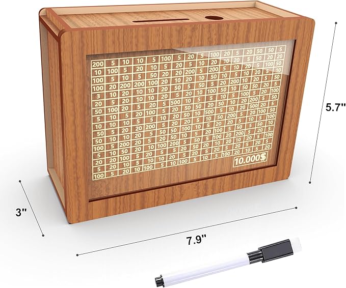 Piggy Bank for Adults Kids, Wooden Mony Bank Cash Vault Money Saving Box with Counter $10000 Savings Challenge Money Bank with Money Target and Numbers (Brown $10000)