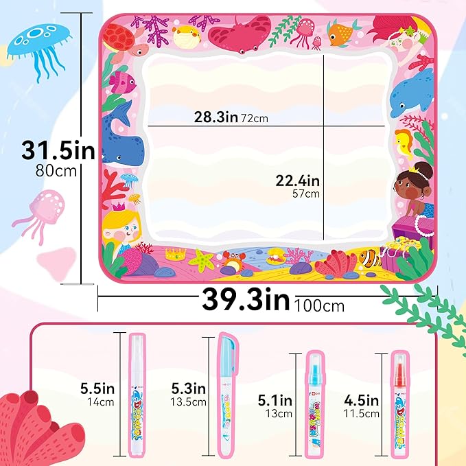 Bemece Water Doodle Mat, Writing Color Doodle Mat with Magic Pens & Stamps, Aqua Magic Doodle Mat, Educational Toys for Boys and Girls 3 4 5 6 7 Years Gift