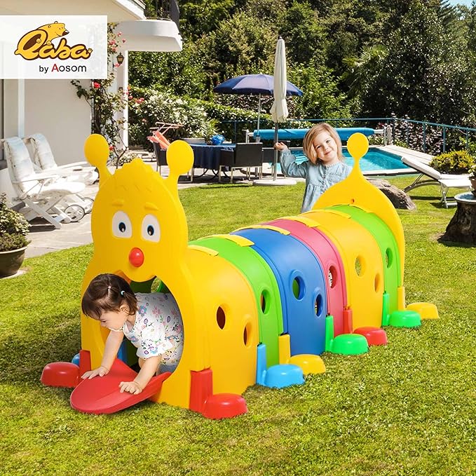 Qaba Caterpillar Tunnel, Toddler Tunnel for Kids Crawl and Climb Through, Kids' Play Structure Indoor Outdoor, 6 Sections, Multicolored