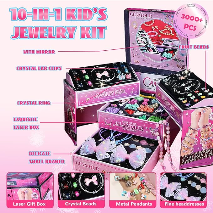 Tuehakny 10-in-1 Jewelry Craft Kit for Girls Ages 4-12, 3000+ Non-Toxic Beads, Charms & Elastic String with Layered Storage Box, DIY Bracelet Necklace Maker Kit, Birthday Christmas Gifts for Kids