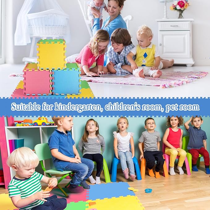 Nuanchu 60 Pcs Kids Foam Puzzle Floor Mat Bulk Solid Color Foam Play Mat with Borders Interlocking Multi Use Floor Rug for Baby Toddler Children 12 Inch (Green, Blue, Yellow, Red)