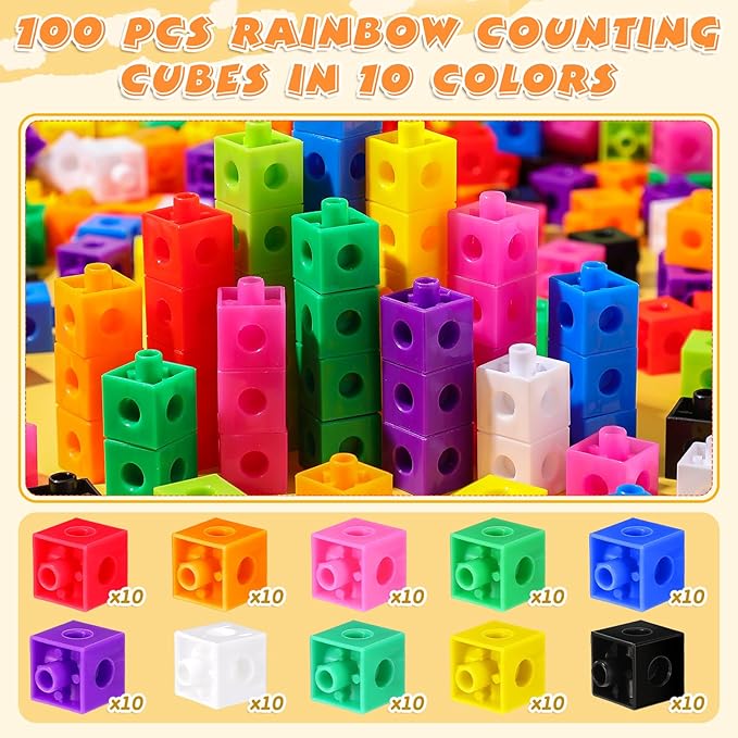 Jenaai 100 Pcs Linking Cubes Plastic Math Cubes Manipulative Counting Blocks STEM Snap Blocks Connecting and Counting for Early Math and Construction, Homeschool Preschool Supplies(Lovely)