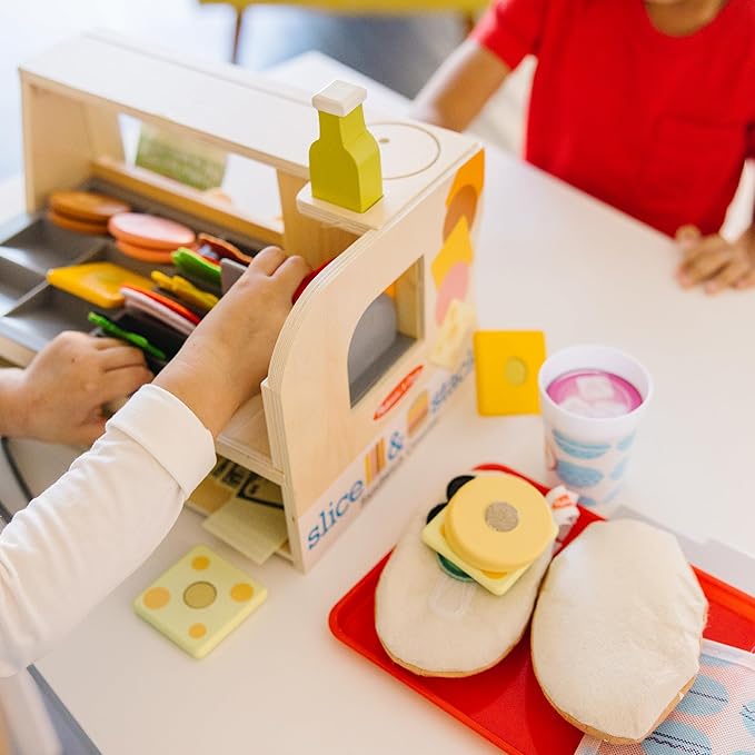 Melissa & Doug Slice-Stack-Serve, Wooden Sandwich Counter Pretend Play Store with Play Food Toys, Play Money & Deli Slicer, Preschool Toys for Kids 3+