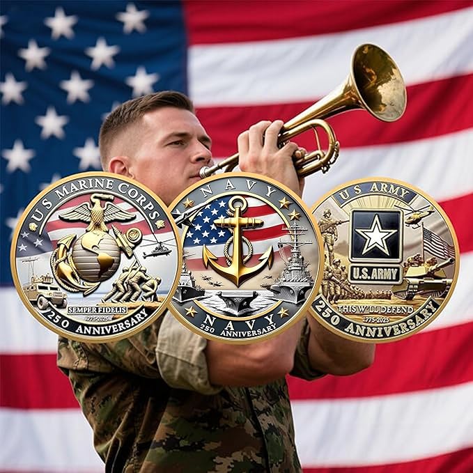 Army 250th Anniversary Coin – Navy 250th Anniversary Coin – Army Challenge Coin – USMC 250th Commemorative Double-Sided Marine Corps Challenge Coin with Metal Gift Box – 1.57" Display