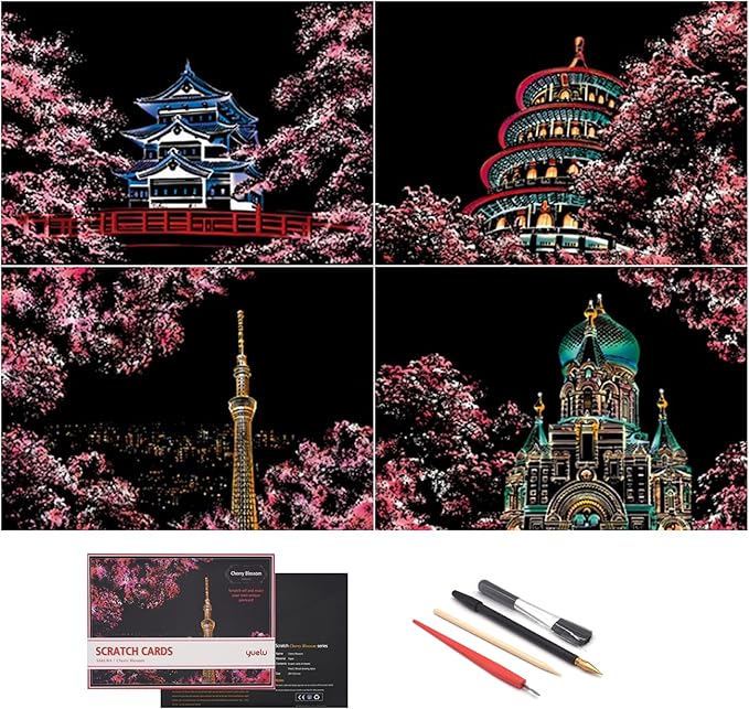 Scratch Painting Rainbow Paper by BOTEEN, Scratch &Sketch DIY Art Craft City Series Night View Creative Gift, Scratchboard for Adults and Kids ,Craft Kits with 4 Tools (A4- 4pack）