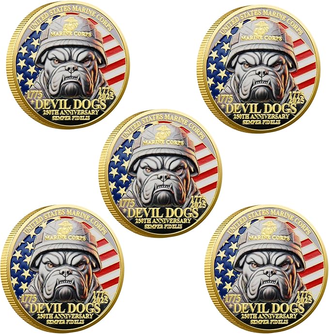 USMC 250th Anniversary Challenge Coin – Double-Sided Marine Corps Commemorative with Bulldog & Iwo Jima – Military Gift for Veterans & Collectors (5PCS)