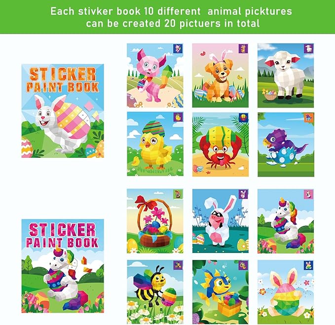 2PCS Easter Day Crafts for Kids Ages 4-8 Sticker Paint Books Gift Party Create 20 Pictures（Sticker Sheets are Separate）