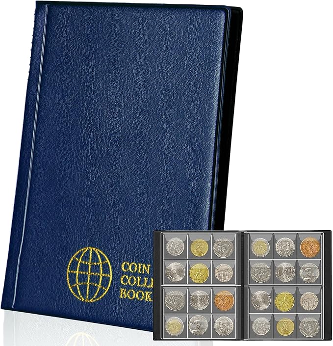 Coin Collection Album 120 Pockets - 3x3cm/1.2x1.2 inch Coin Holder Book Coin Storage Album Money Penny Pocket for Collectors Blue CS0112BL