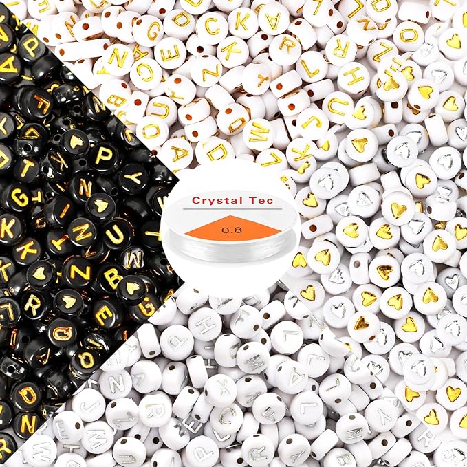 1900pcs Letter Beads, DECYOOL Acrylic Alphabet Beads with 1 Roll Elastic String for Bracelet Necklace Jewelry Making Supplies (Gold&Silver&Black)