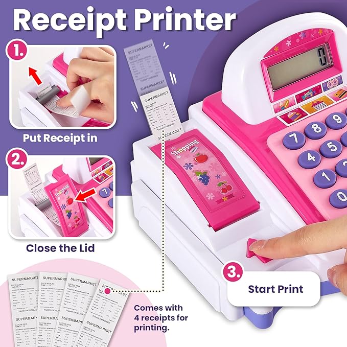 BUYGER Kids Cash Register Toy with Scanner, Receipt Printer, Microphone, Shopping Play Food - Pretend Role Play Birthday for Toddler Kids Boys Girls Ages 3 4-8+ Years Olds