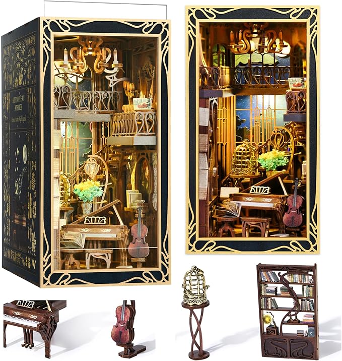DIY Book Nook Kit, Miniature Dollhouse Booknook Kit, 3D Wooden Puzzle Bookend Bookshelf Insert Decor with LED Light for Teens and Adults (Pianist with Nightingale)
