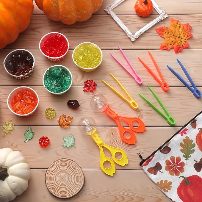 Jenaai 228 Pcs Sensory Bin Filler Fine Motor Skills Toys Counting Weight Sorting Toy Set with Acrylic Fall Leaves Pumpkin Tweezers Scissors Clips Cups and Storage Bag for Thanksgiving and Autumn Decor