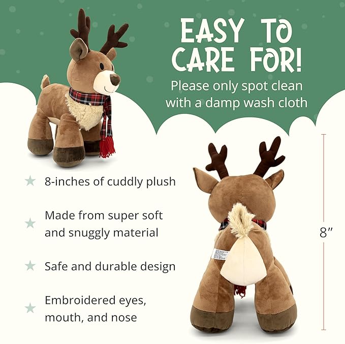 Plush Reindeer Stuffed Animal - Holiday Deer Characters with Antlers Toy for Girl, Boy, Baby, Toddler - Christmas Decor - Little Plushie Toys - Randall, 8"