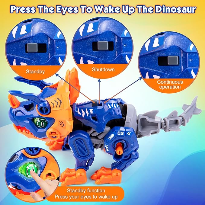 KODATEK Electric Dinosaur Building Blocks, Self-Moving Triceratops with LED Glowing Eyes & Roar Sounds, STEM Learning Toys for Boys 3-5 4-6 4-8 Years, Educational Building Kit Gifts