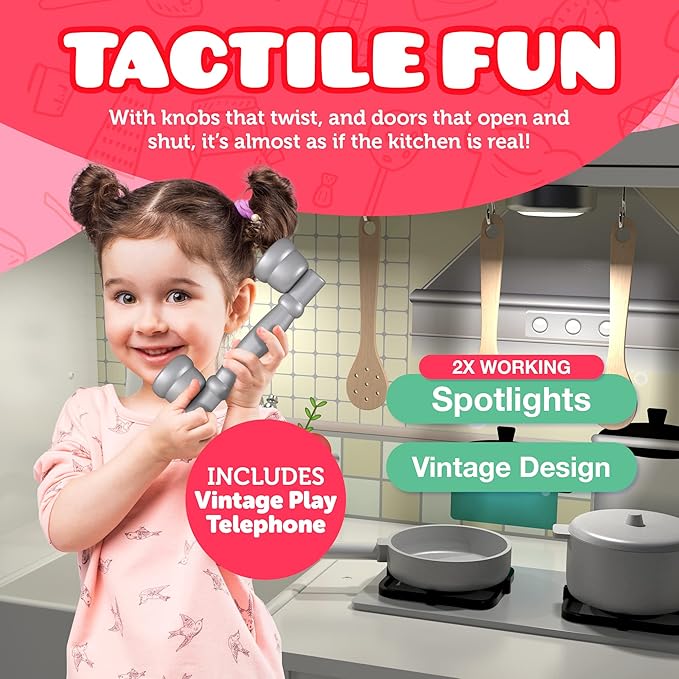 Wooden Play Kitchen for Toddlers & Kids – Pretend Kitchen Set with Sink, Oven, Stove, Microwave, Lights & 9 Accessories – Durable Wooden Kitchen Toy for Ages 3–8 – by Kiddery Toys