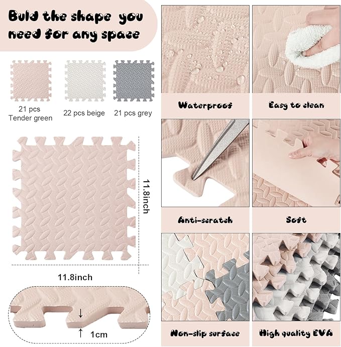 Shihanee Foam Floor Baby Tiles Foam Floor Mats Play Mats Bulk with Borders Interlocking for Kids Baby Playroom Nursery Gym (White, Beige, Gray,64ft)