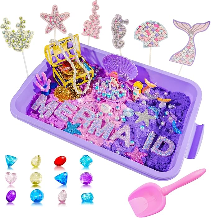Bbiamsleep Mermaid Sensory Bin, Ocean Sand Kit with Color Sand Mermaid Sensory Kit for Birthday Party