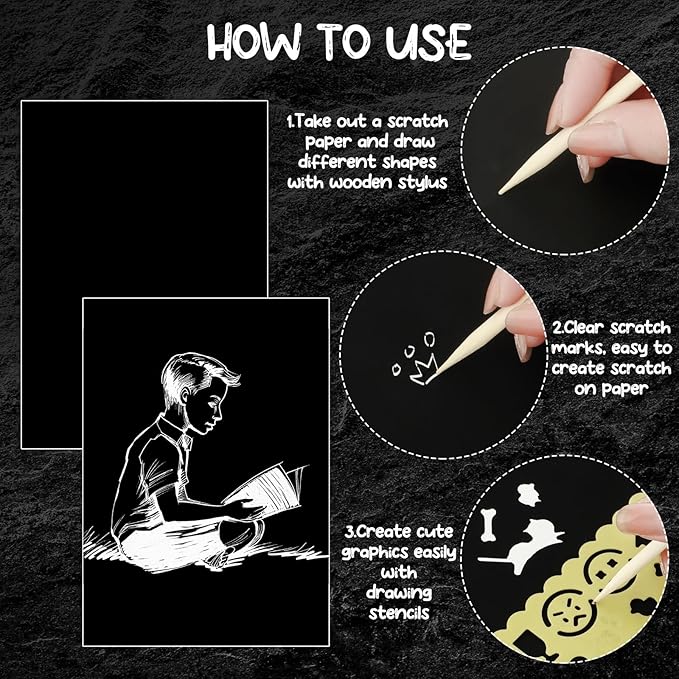 Noveread 67 Pcs Scratch Paper Art Set Scratchboard Craft Kits Black Coated Scratch Paper Wood Art Stylus and Stencils for DIY Birthday Party Gift Supplies (7.2 x 5 Inch)