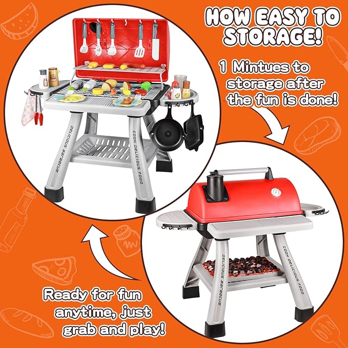 2025 Kids Kitchen Playset Toy Grill BBQ with Smoke Light Pretend Play Food Toys Cooking Set 2-Layer Barbecue Gifts for Toddler Boys Girls 3-5 6 7