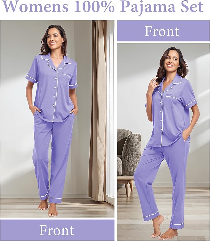 CF Womens 100% Cotton Pajamas Set Button Down Pjs Sets Short Sleeve Top & Long Pants Sleepwear Comfy Loungewear with Pockets