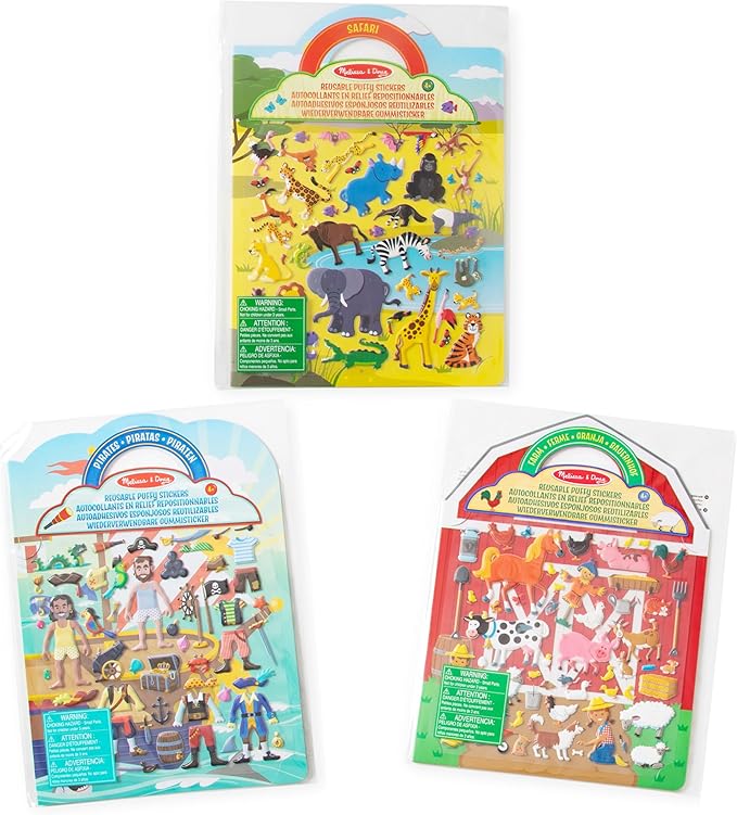 Melissa & Doug Puffy Sticker Activity Books Set of 3 – Safari, Pirate &On The Farm, with Reusable Stickers and Fold-Out Scenes, Mess Free Play Set & Travel Toys for Kids Ages 4+