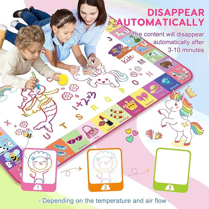 Toddlers Toys Water Doodle Mat: 48 X 32 Inch Large Mess Free Coloring & Drawing Mat - Instant Drying - Kids Educational Toys for Girls Age 3-5 Home Activities - Birthday/Christmas Gifts for Girls Boys