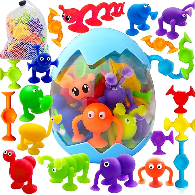 Suction Bath Toys for Kids Age 1-3 3-5, Suction Cup Bathtub Toy Mold Free Party Favor Goody Prize With Eggshell Storage Toddler Silicone Water Table Sensory Travel Window for 2 3 4 5 Year Old Boy Girl