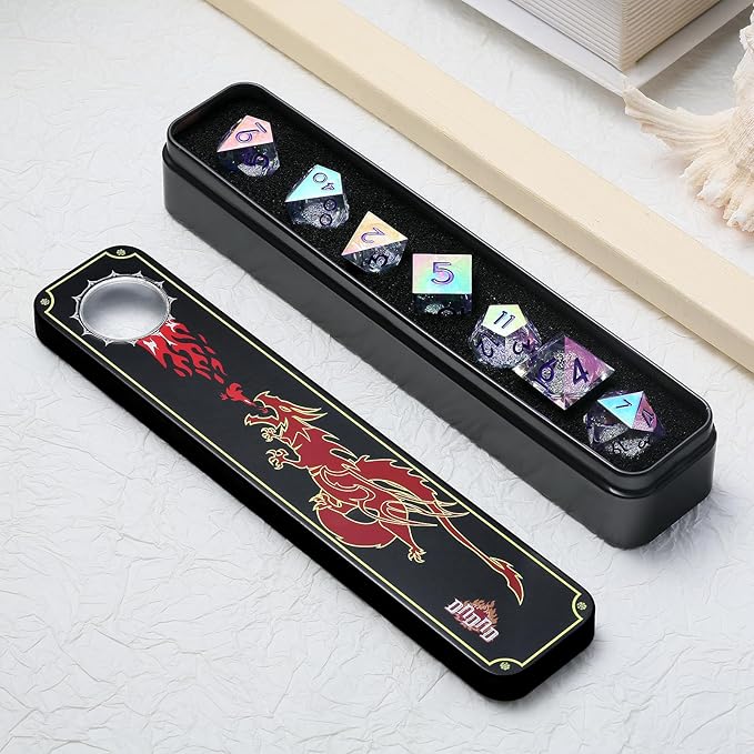 Sharp Edge Dice with Iridescent Plating, DNDND Handmade Liquid Core Resin D&D Dice Set with Dragon Metal Gift Case for Dungeons and Dragon Tabletop Games (Iridescent Plating Liquid)