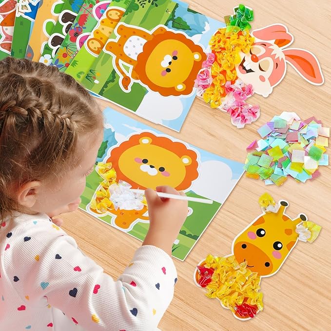 8PCS Poke-in Craft and Art Kit for Kids Animal Theme No-Mess Fabric Sewing Art Girls Boys 4-12 Puzzle Puncture Painting DIY Jungle Animal Toy Gifts for Creative Activity Game Birthday Party