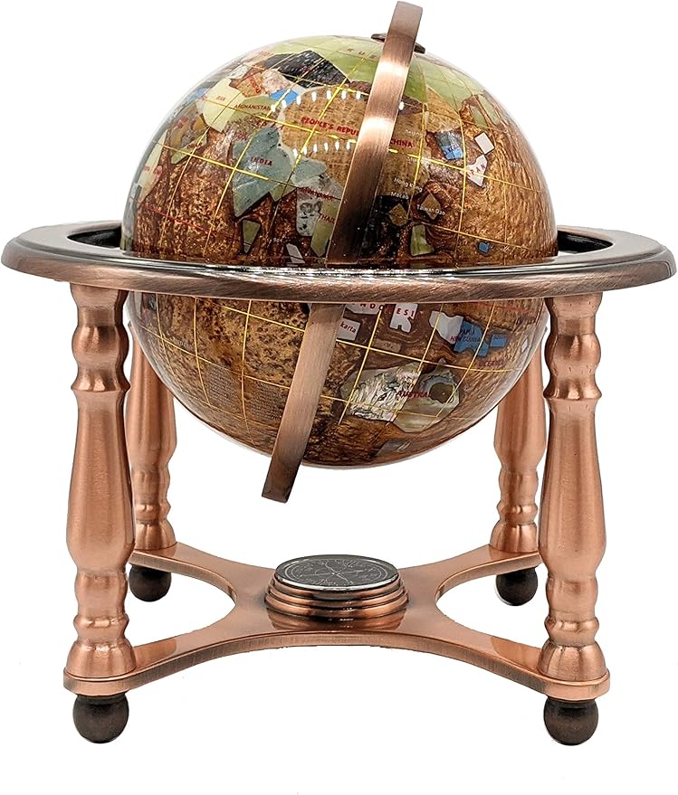 Unique Art 10-Inch Tall Table Top Amber Pearl Swirl Ocean Gemstone World Globe with Copper 4 Leg Stand (Amber-4 Leg - Copper)