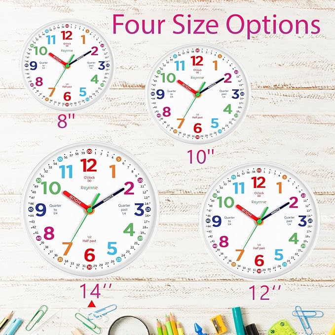 Roymnie14 Inch Wall Clock for Kids Learning to Tell Time Large Analog Silent Battery Operated Teaching Clock Silent Colorful Teaching Time Ideal Gift for Kids Room School(White Grain)