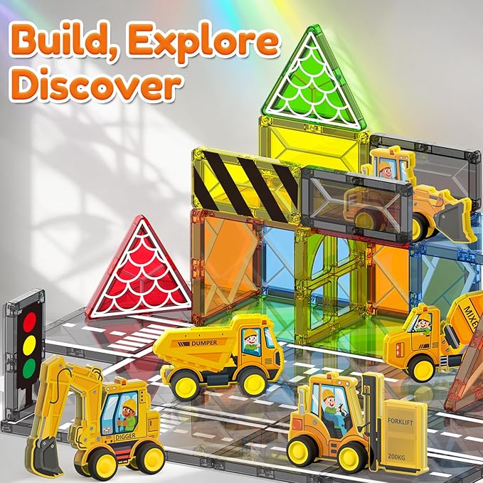Oriate Magnetic Tiles Engineering Construction Vehicle Road Set,Kids Toys Games with Magnetic Blocks STEM Educational,City Sensory Magnet Tiles,Birthday Gifts for Kids ages 3+ Boys Girls Toys with Car