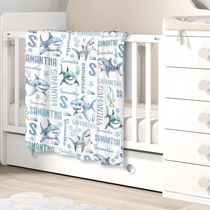 Personalized Baby Blanket for Girls Boys Kids Shark Custom Baby Blanket with Name Throw Birthday Gift for Toddlers Infants Shower Newborns Nursery Stroller Crib Bed Decor