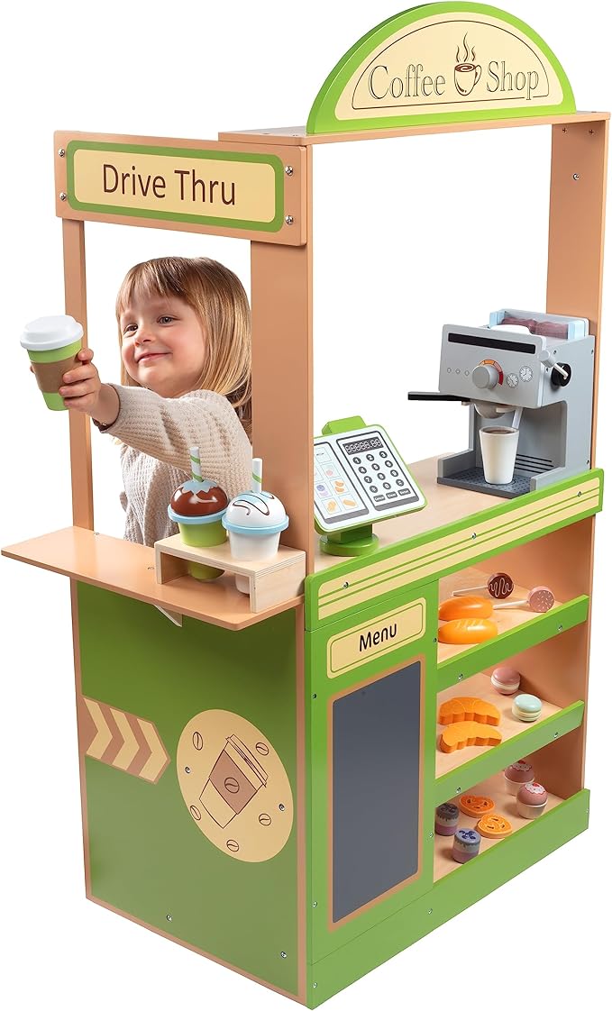 Pretend Coffee Shop Wooden Playset- Drive Thru Window Holiday Fun- Frappuccino, Straws, Espresso Maker, Bread, Pastries, Rotating Cash Register, Coffee Cups, Apron- 25+ Play Pieces Kids Xmas Gift