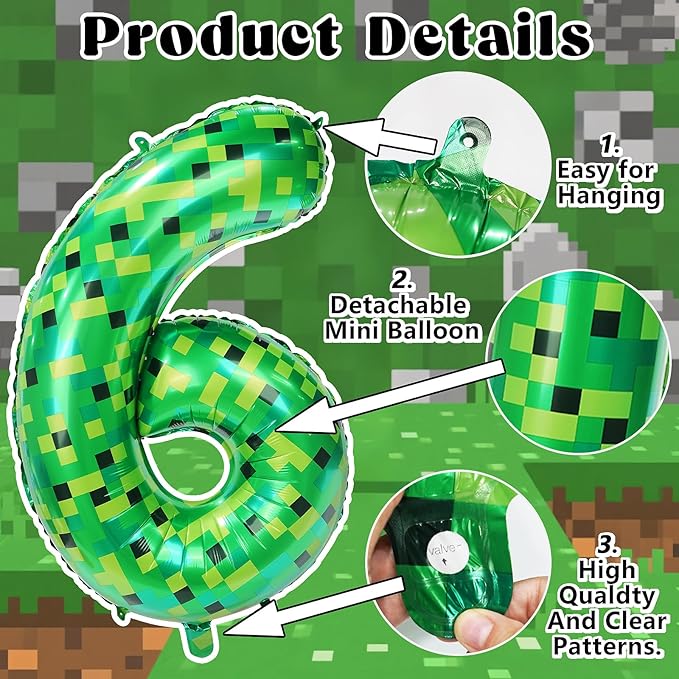 40in Pixel Giant Number 6 Balloon Birthday Decorations, Miner Theme Green Foil Balloons Blast Gaming Party Supplies