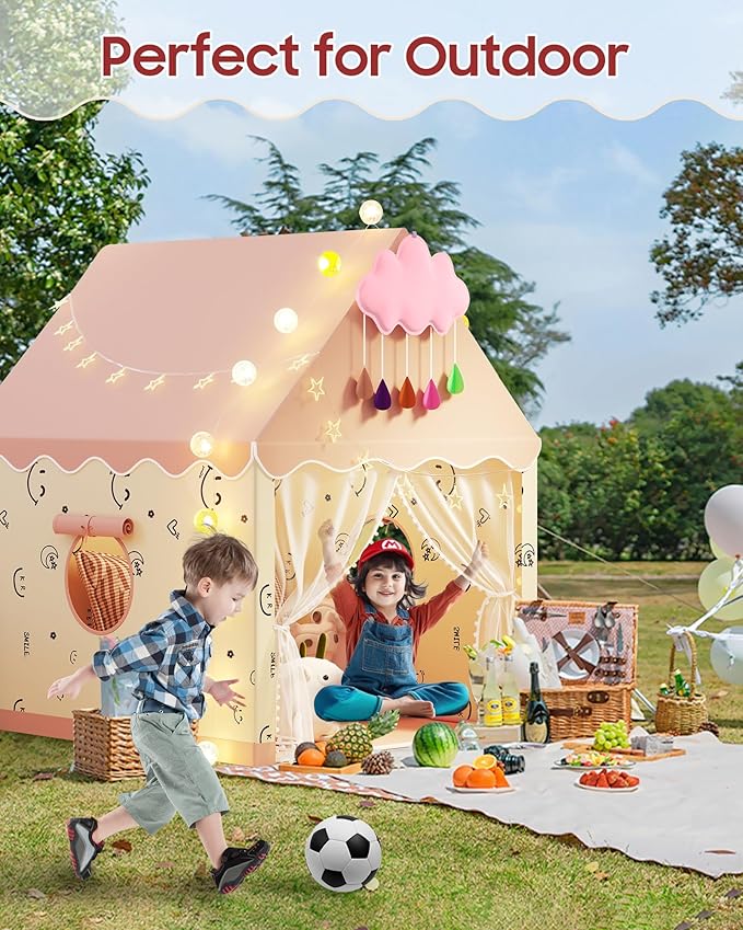 Kids Play Tent, Princess Tent Indoor Playhouse Set with Star Lights, Ball Lights, Colorful Flags, Butterflies, Clouds - Pink Tents for Kids Toddle Castle for Girls Toy House Gift