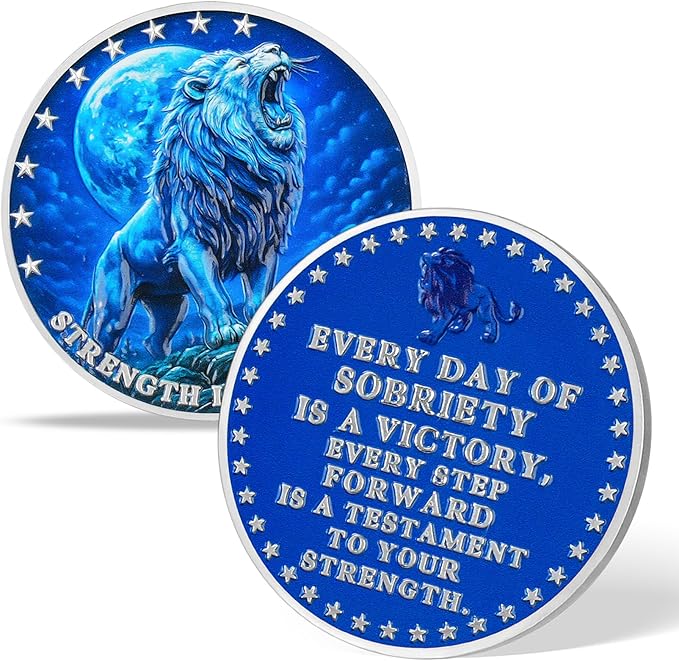 Strength in Sobriety Lion Recovery Challenge Coin Inspirational Sobriety Token for AA, NA, and Recovery Gifts Animal Series Sobriety Coin (Midnight Blue Lion)
