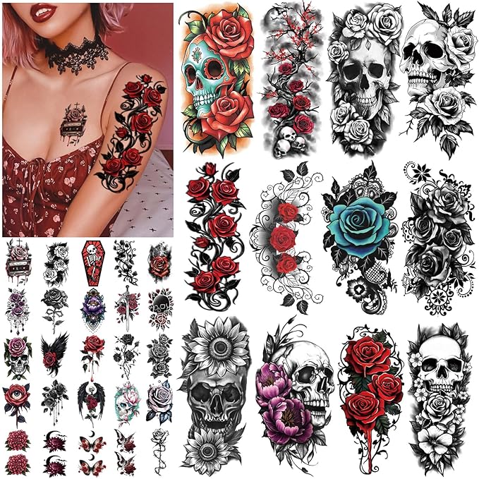 77 Sheets Skull Rose Temporary Tattoos, Lotus Flower Butterfly Half Arm Realistic Fake Tattoos Stickers for Adult Women Men Kids