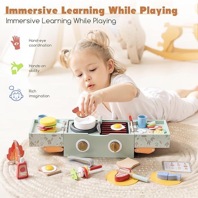 Wooden Kids Grill Playset with Play Kitchen Accessories| Pretend Play Toys for Toddlers 3-5, Cooking BBQ Play Food Toy for 3+ Year Old Boys & Girls, Birthday Gifts for Kids