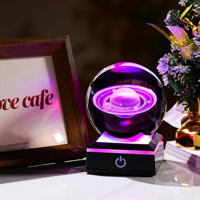Qianwei 3D Saturn Crystal Ball Night Light Laser Engraved Glass Planet Sphere Gifts Crystal Solar System Saturn Model Decor Space Astronomy Gift for Kids