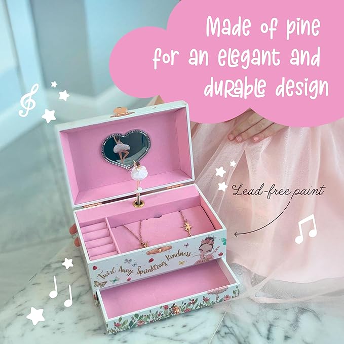 The Memory Building Company Ballerina Musical Jewelry Box, Classic Melody, Storage Organizer Kids Ages 6-12, Wood Construction w/ 2 Compartments