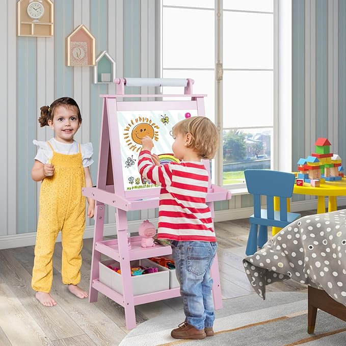 Costzon Kids Art Easel, 3 in 1 Double-Sided Painting Easel w/Magnetic Whiteboard, Chalkboard & Paper Roll, 2-Tier Storage Rack & 2 Boxes, Standing Easel for Kids, Toddlers, Gift for Boys, Girls