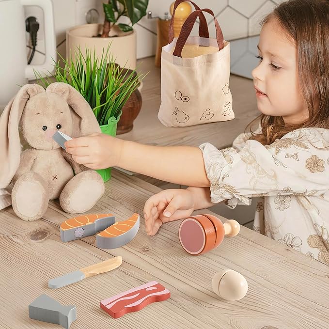 ROBOTIME Wooden Play Food Cutting Meat & Eggs Set, Pretend Play Toy Food for Play Kitchen with Shopping Bag – Kids Kitchen Accessories, Wooden Food Toys for Boys & Girls