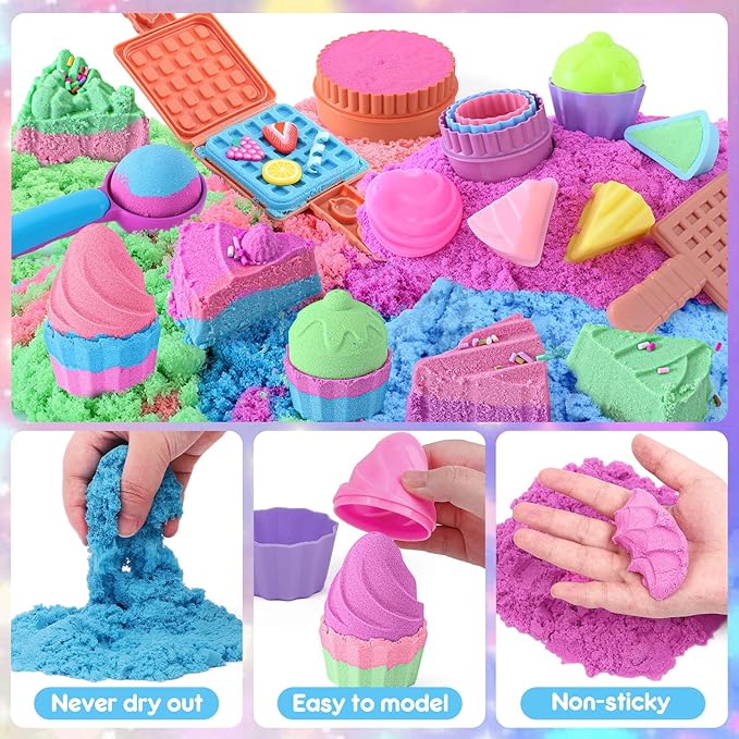 Golray Ice Cream Sensory Bin for Girls, Play Sand Art Kit with Sandbox, 2lb Magic Sand, Cake & Waffle Molds, Pretend Play Desserts Toys, Sensory Toy Set Gifts for Girl Toddlers Ages 3 4 5 6 7 8