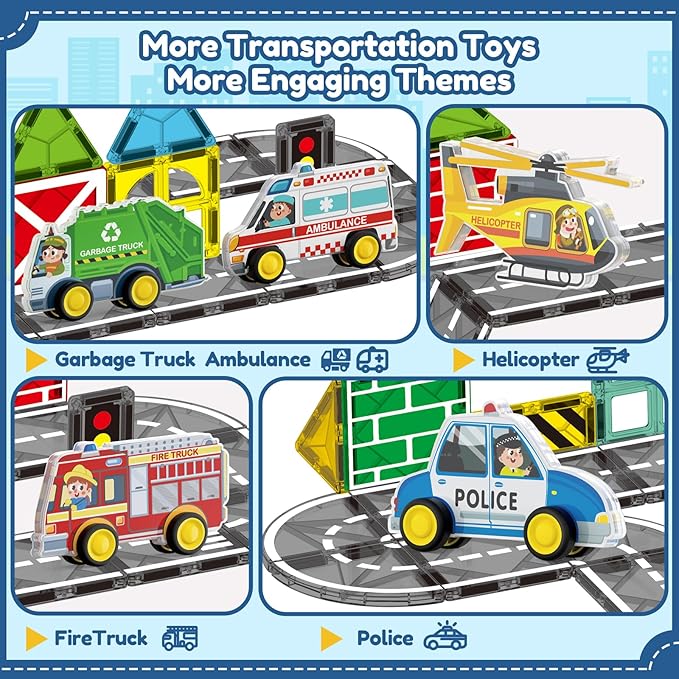 Oriate Rolling City Vehicle for Magnetic Tiles, Free Wheels Rescue Toy Cars Compatible with Road Magnet Tiles, Car Toys for Kids Urban Road Traffic Magnetic Tiles Toys, Educational Gift Boys Girls