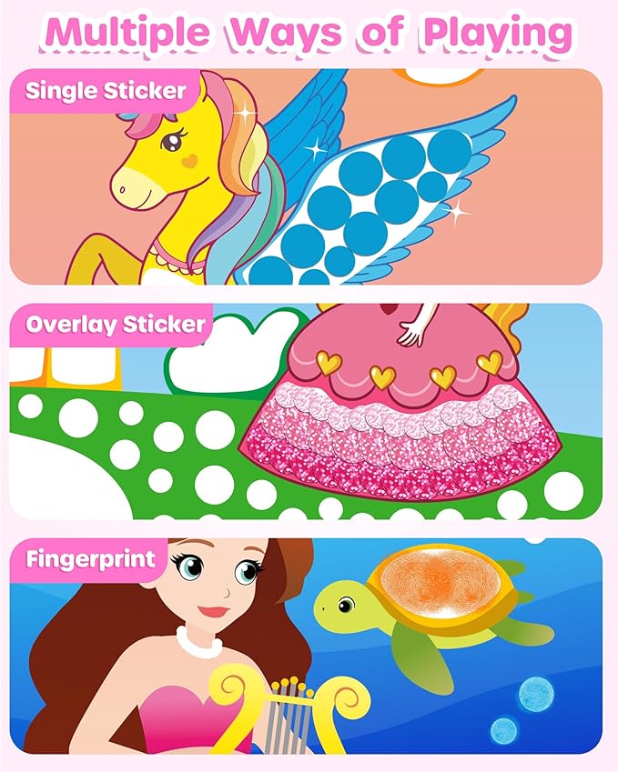 D-FantiX Dot Art Sticker Book Kits with Ink Pad, Mess-Free Finger Painting for Toddlers, Unicorn, Princess, Mermaid, Flower Fairy Arts and Crafts, Kids Travel Activities